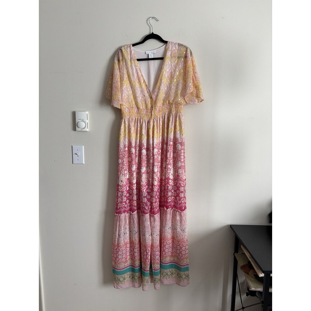 House of Harlow 1960 Maxi Dress Small Pink Green Tropical‎ Gold Boho Hippie